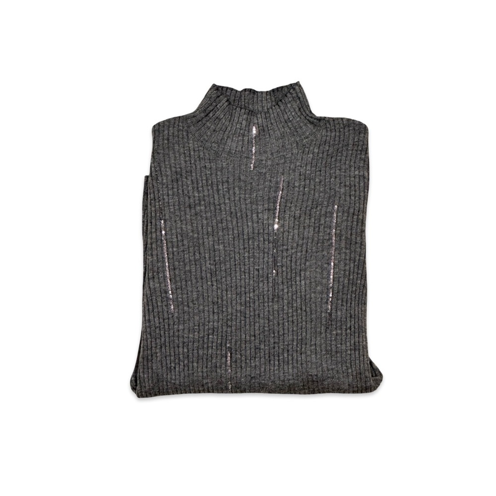 JESSIE LIU soft Ribbed gray mock-neck long sleeve with silver embellishments